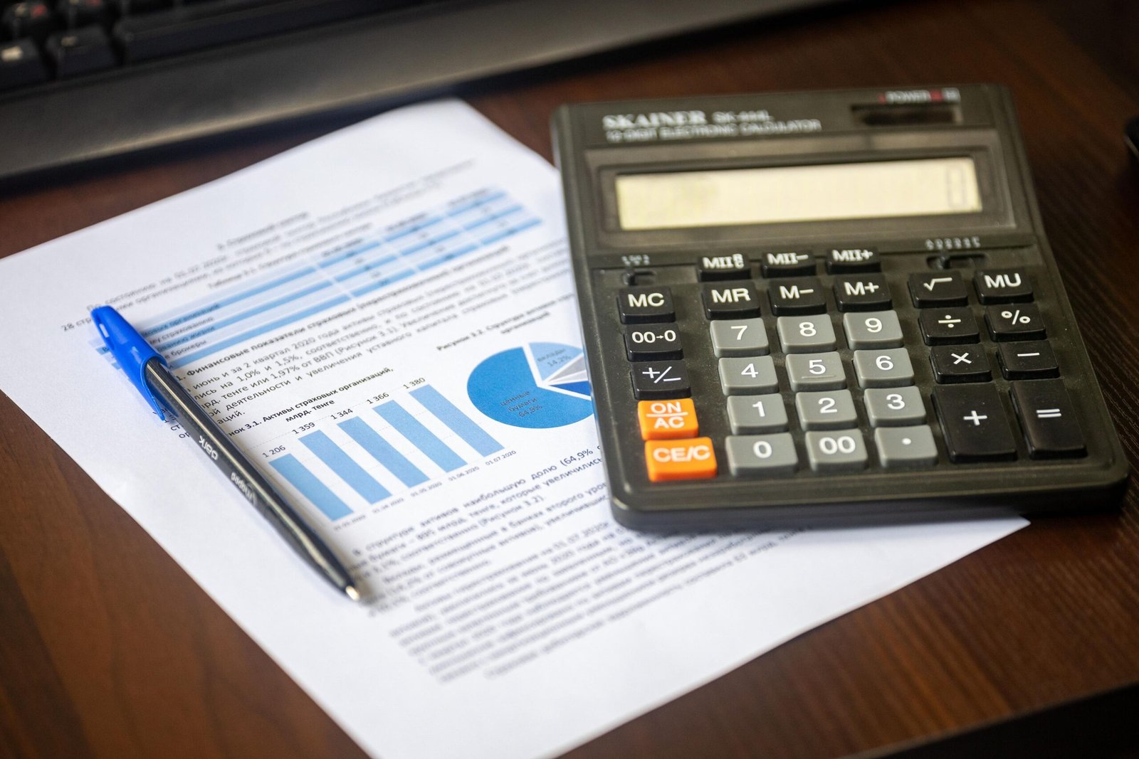 Calculator and financial report with graphs on a desk for U.S. consumer credit analysis