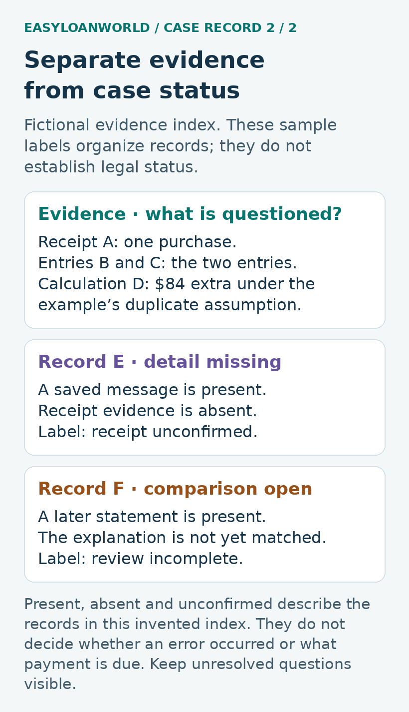 A fictional index distinguishes present, absent and unconfirmed records.
