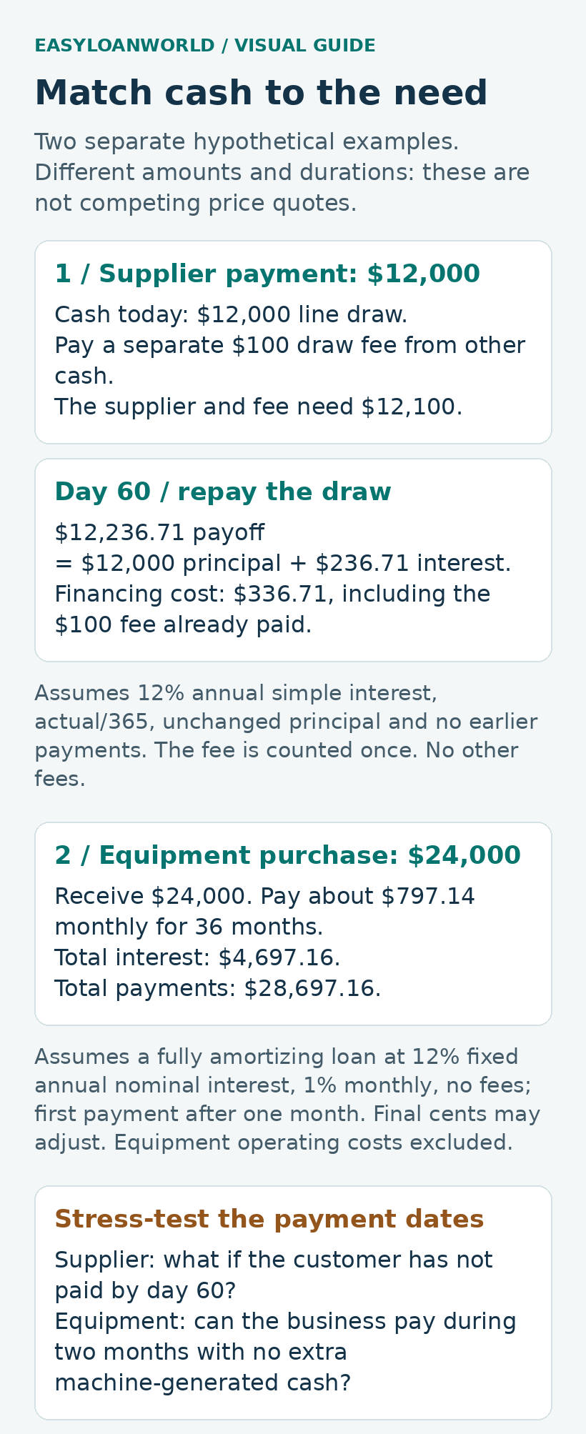 Two separate hypothetical business needs: a $12,000 supplier draw with a $12,236.71 day-60 payoff and a $24,000 equipment loan with approximately $797.14 monthly payments over 36 months.