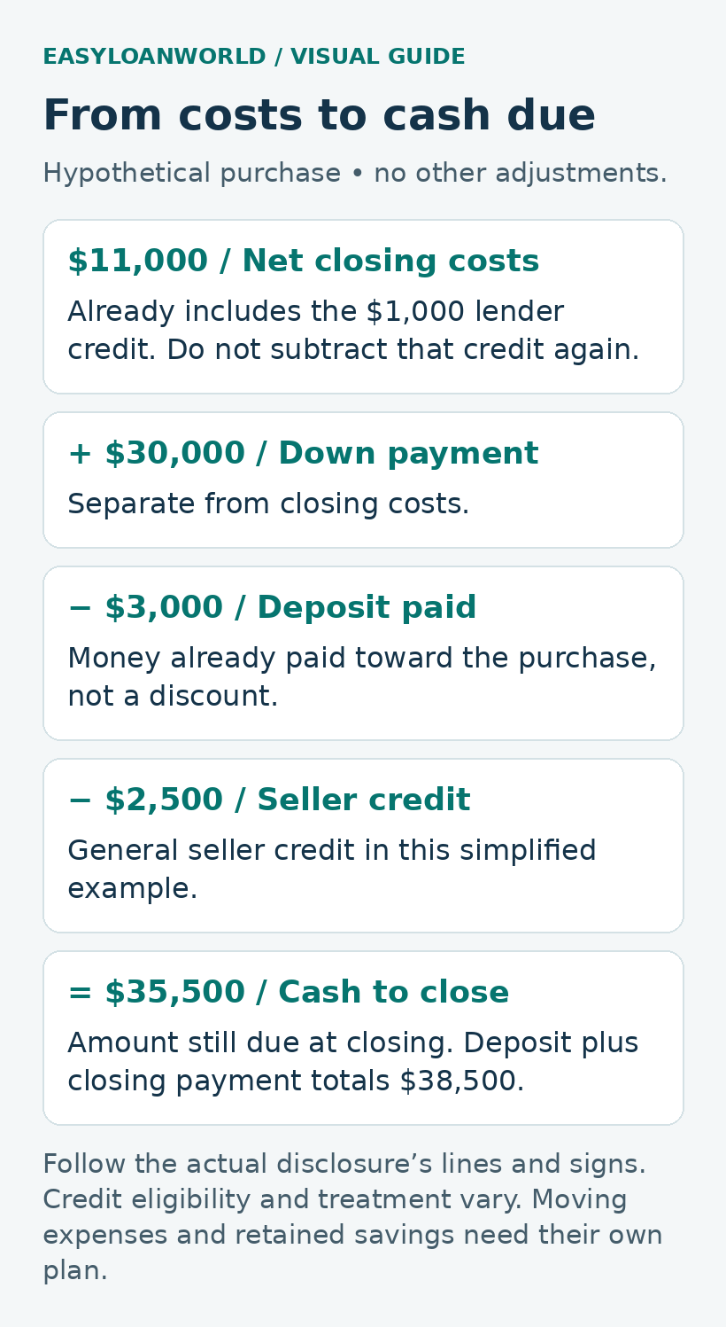 Hypothetical cash to close: $11,000 net closing costs plus $30,000 down payment, less $3,000 deposit and $2,500 seller credit, equals $35,500 due at closing.
