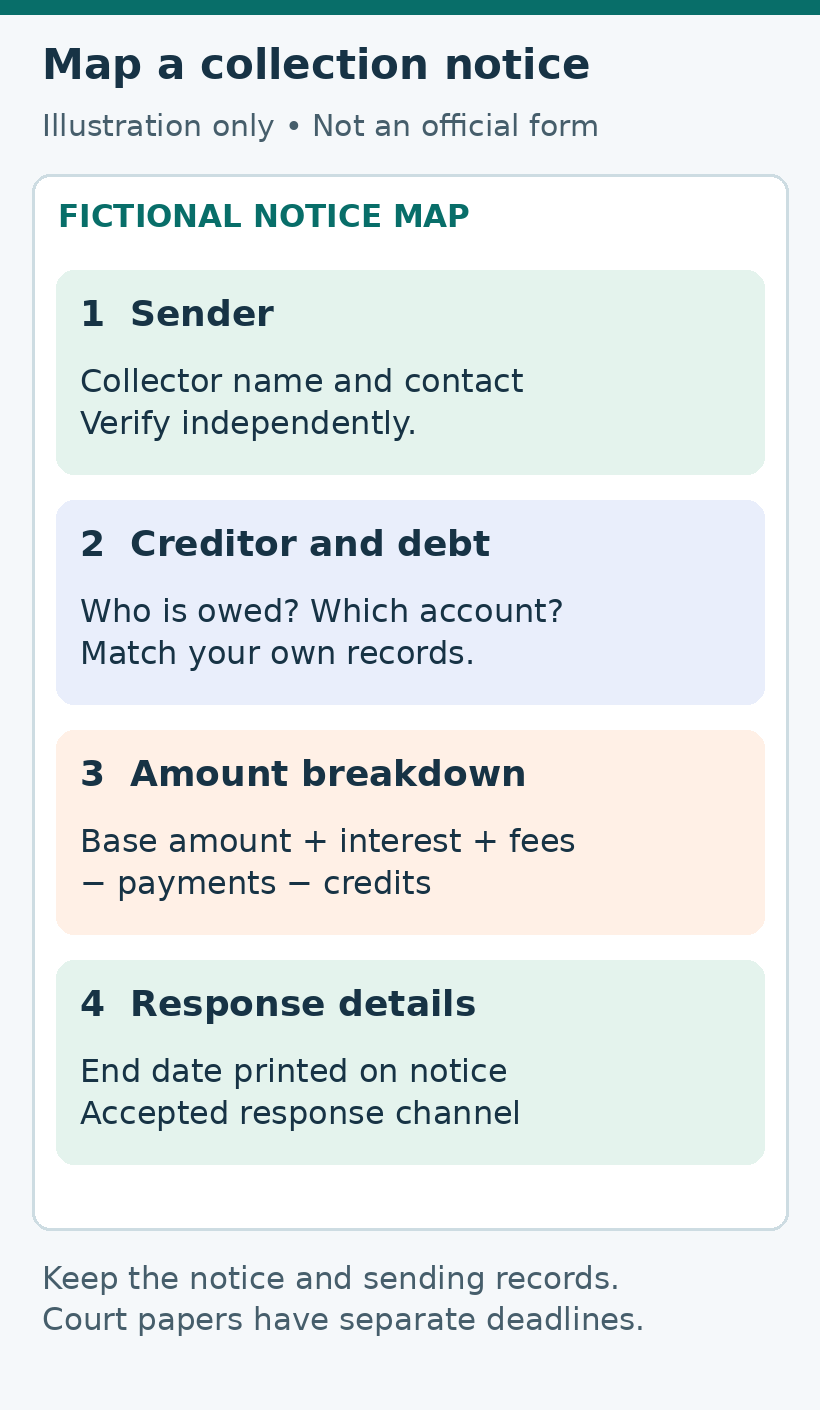 Fictional debt collection notice map highlighting sender, creditor and debt, amount breakdown, and response details. Court papers have separate deadlines.