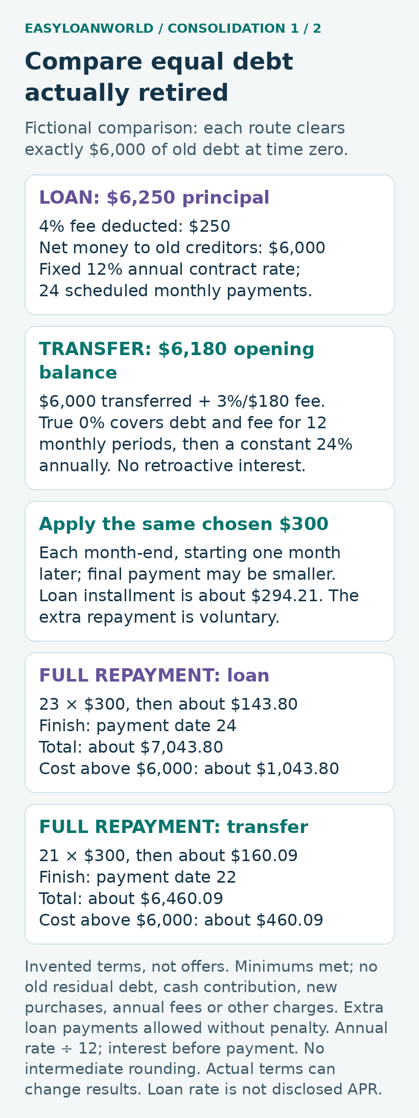 Two fictional borrowing routes retire $6,000 of old debt and use the same chosen monthly payment.