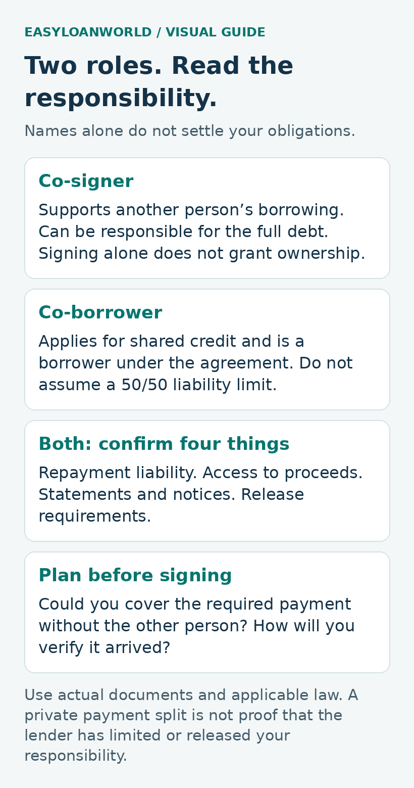 A co-signer supports another person’s borrowing and can be responsible for the full debt; signing alone does not grant ownership. A co-borrower applies for shared credit. Both should check repayment liability, access to proceeds, statements and notices, and release requirements.