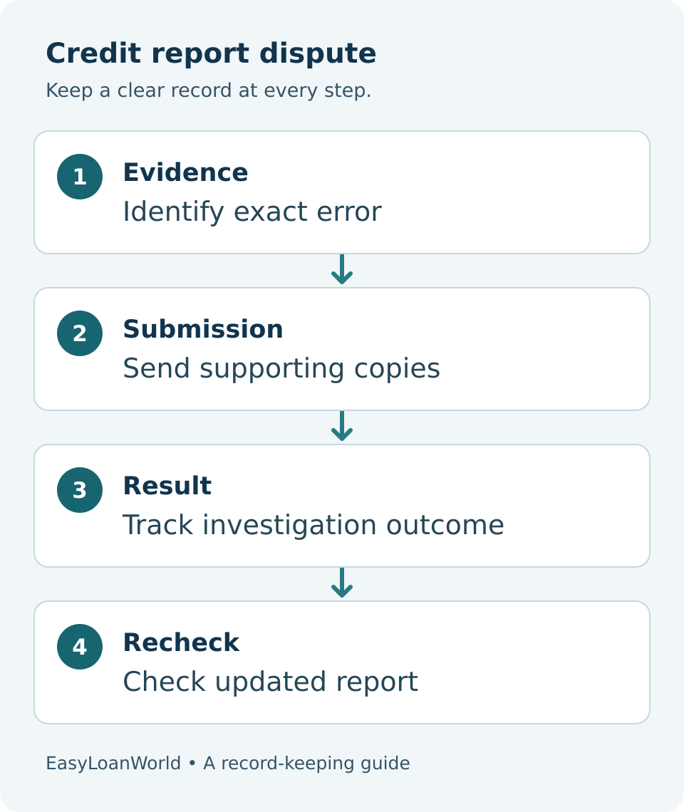 Four-step credit report dispute workflow: identify the exact error, send supporting copies, track the investigation outcome, and check the updated report.