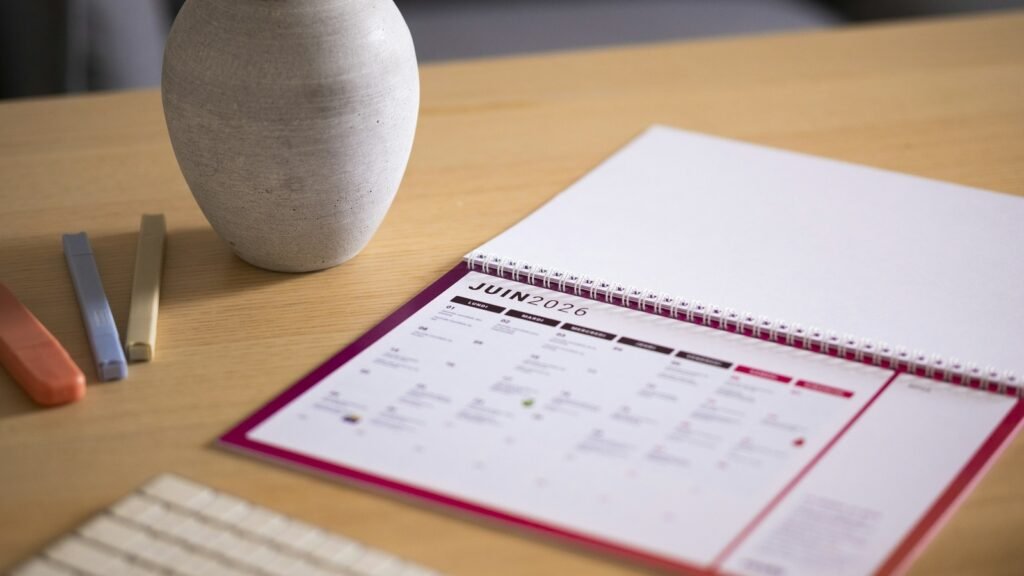 Printed desk calendar, highlighters and a vase on a wooden table.