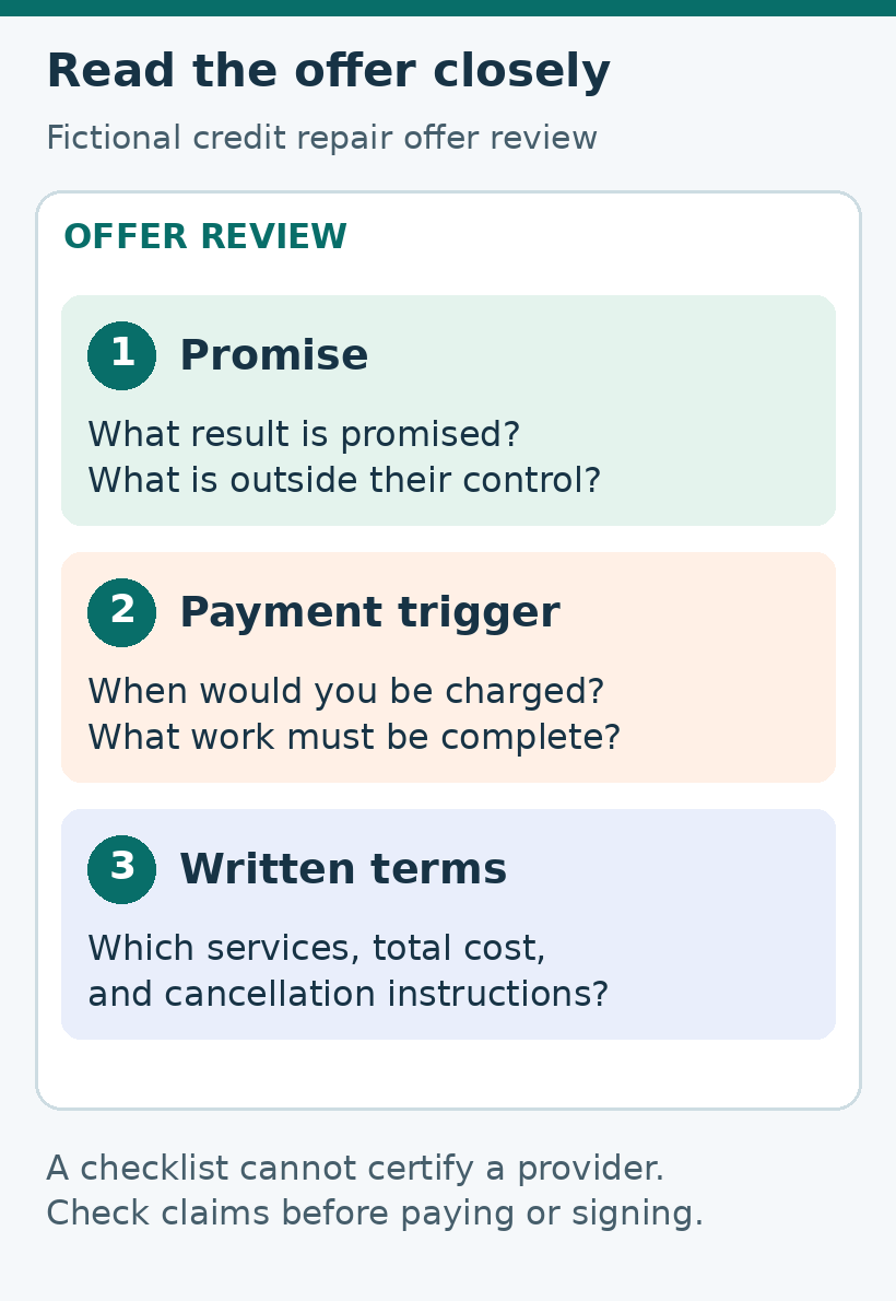 Three parts of a credit repair offer to examine: promised result, payment timing, and written contract.