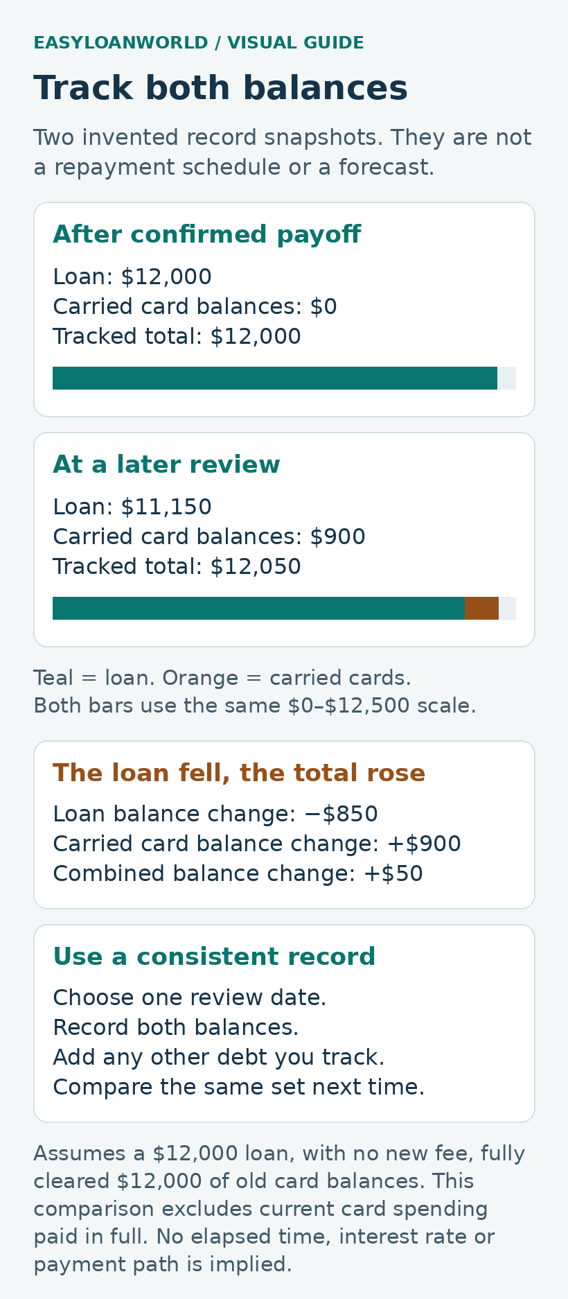 Two invented snapshots: $12,000 loan plus $0 carried cards equals $12,000. Later, $11,150 loan plus $900 carried cards equals $12,050, a $50 increase.