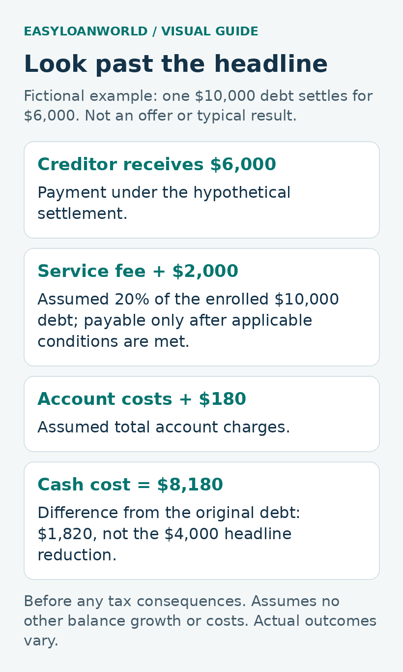 Fictional $10,000 debt settles for $6,000, with a $2,000 service fee and $180 account costs. Cash cost totals $8,180 before any tax consequences. The difference from the starting debt is $1,820, not $4,000.