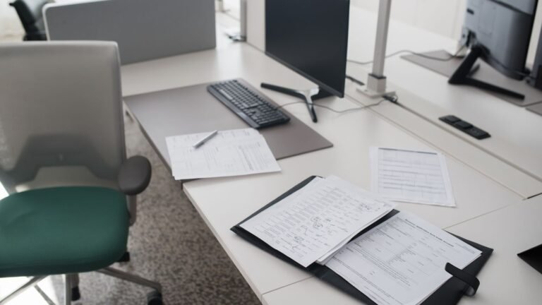 Open binder and loose paperwork beside computer monitors on an unoccupied office desk.