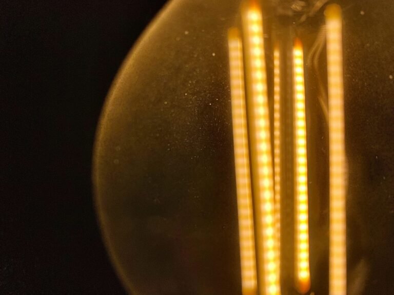 Warm illuminated strips seen through the glass of a light bulb against a dark background.