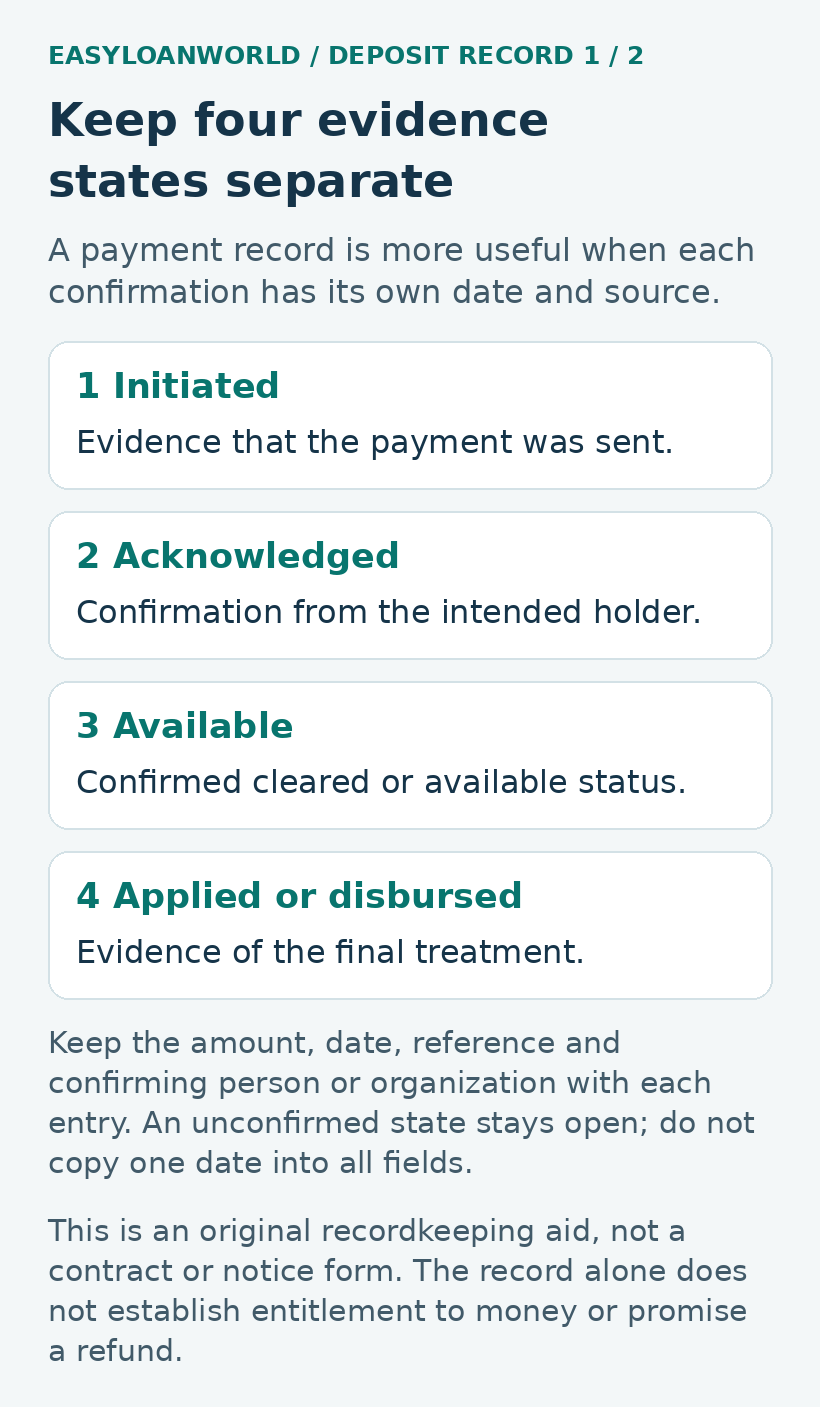 Four payment evidence states: initiated, acknowledged, available and applied or disbursed.
