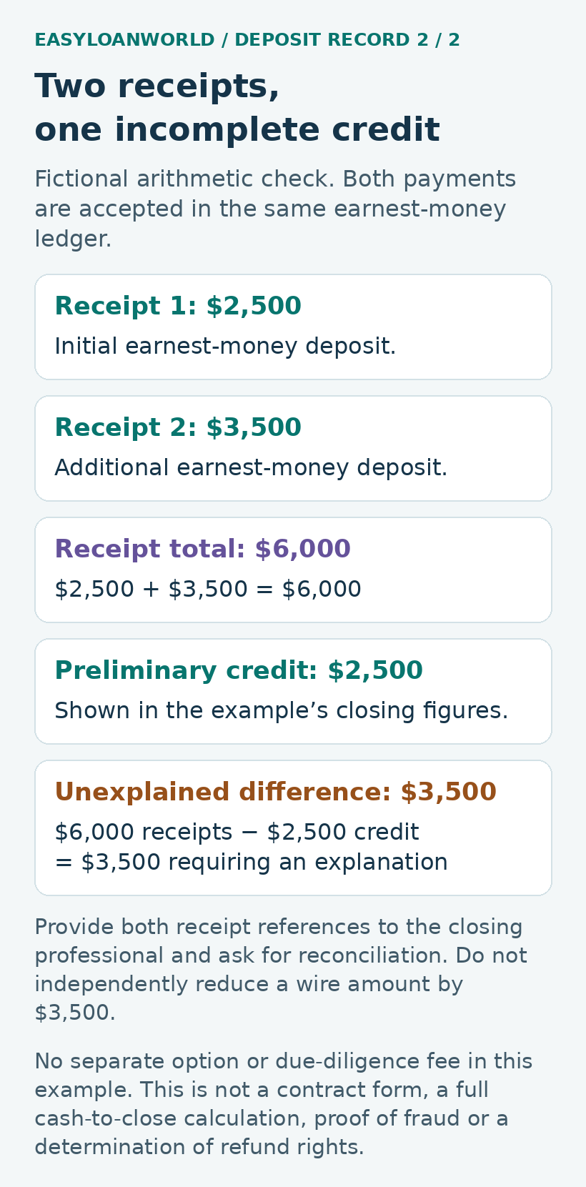 Two fictional receipts total $6,000; a preliminary $2,500 closing credit leaves a $3,500 discrepancy.
