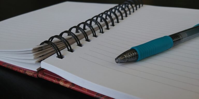 A blue pen resting on the blank lined pages of an open spiral notebook.