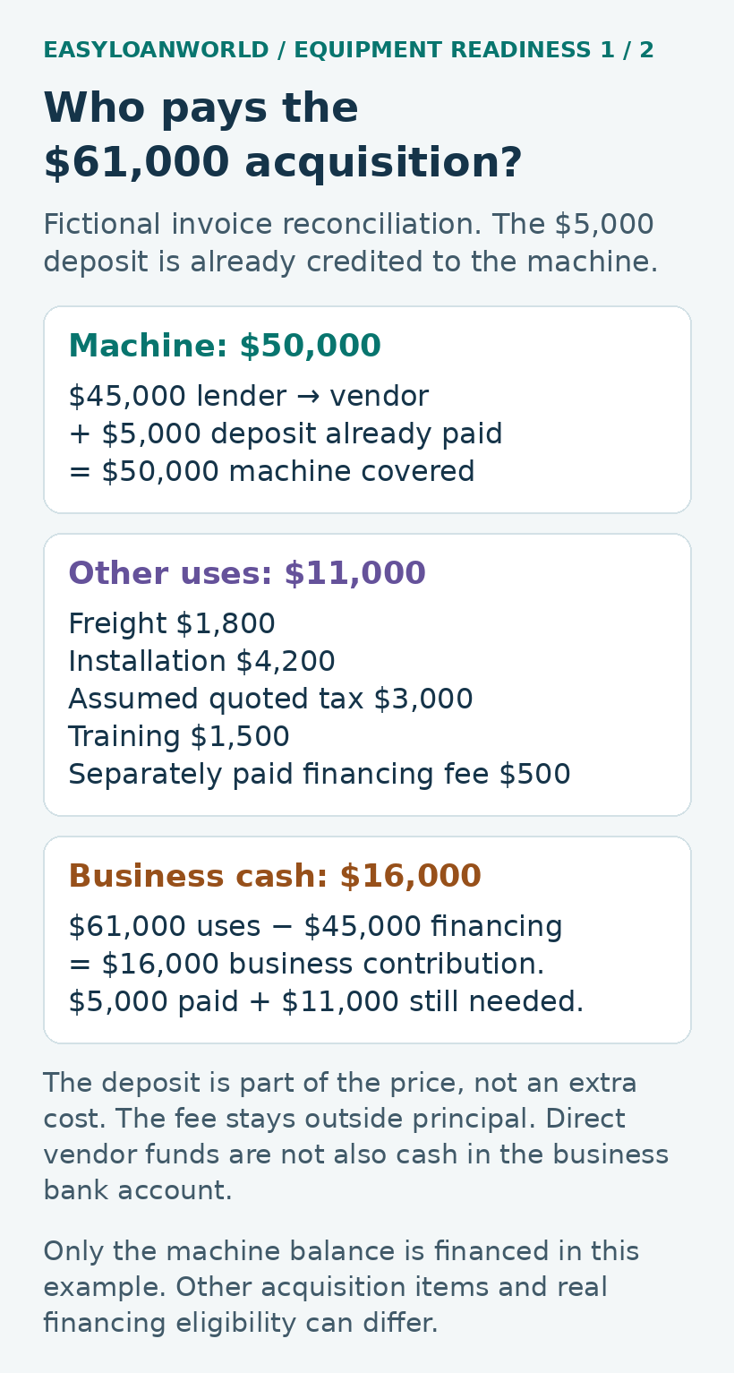 Fictional $61,000 acquisition uses $45,000 vendor financing, a $5,000 paid deposit and $11,000 still due.