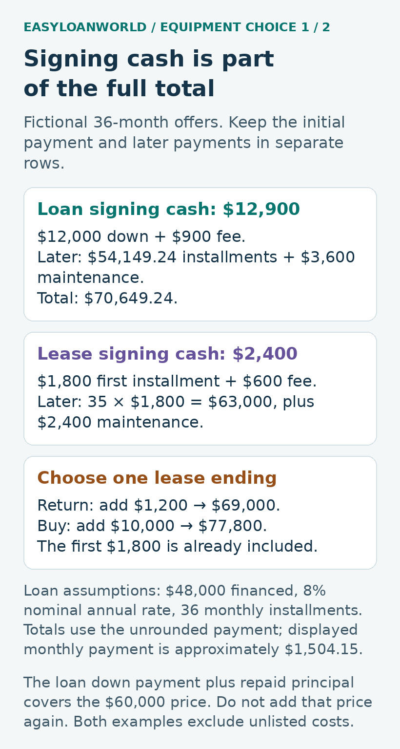Fictional signing cash of $12,900 for the loan and $2,400 for the lease is included in each total.
