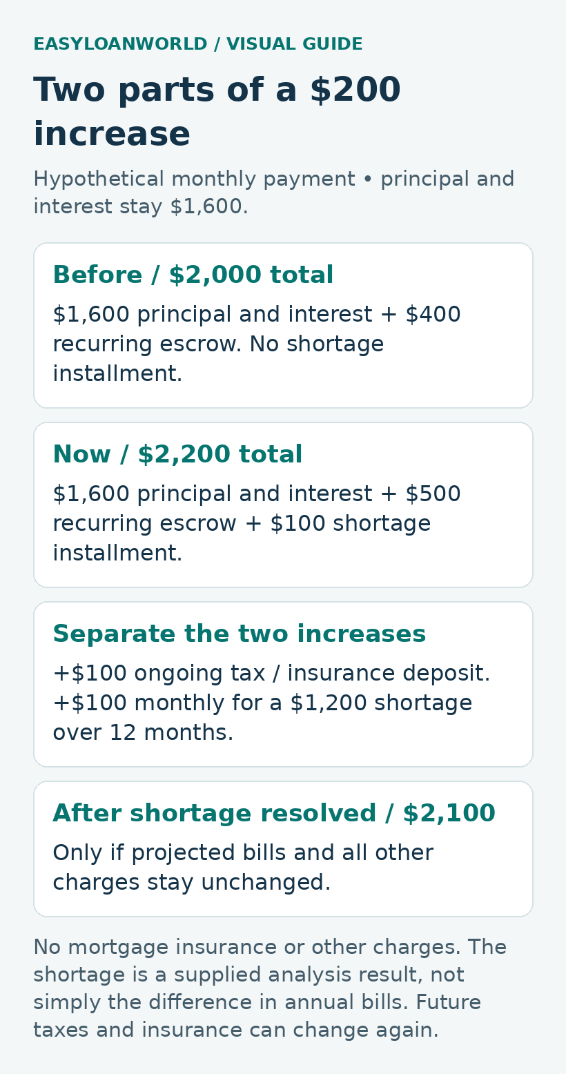 Hypothetical mortgage payment rises from $2,000 to $2,200: unchanged $1,600 principal and interest, recurring escrow rising from $400 to $500, and a $100 shortage installment. After the shortage is resolved, $2,100 applies only if other costs stay unchanged.