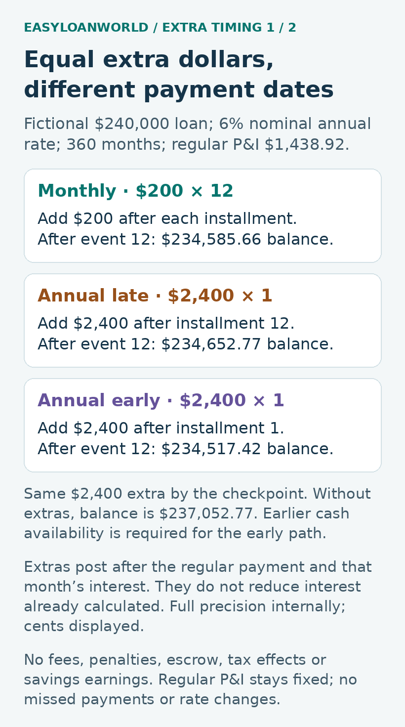 Three fictional schedules each add $2,400 by event 12 but leave different balances.