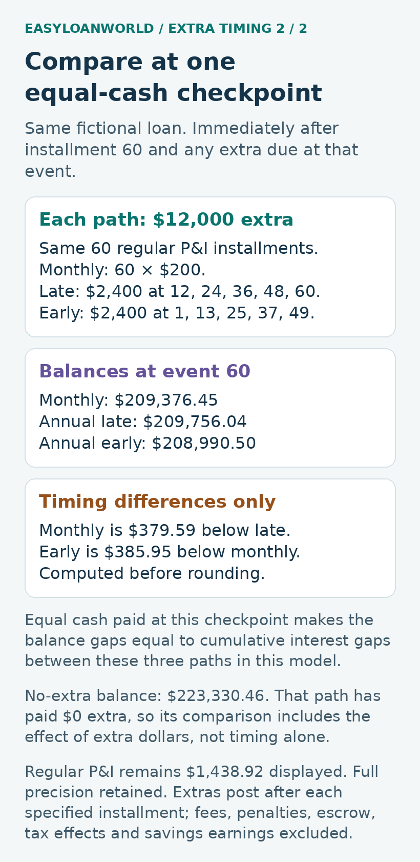 Three fictional schedules each add $12,000 by event 60; balances range from $208,990.50 to $209,756.04.