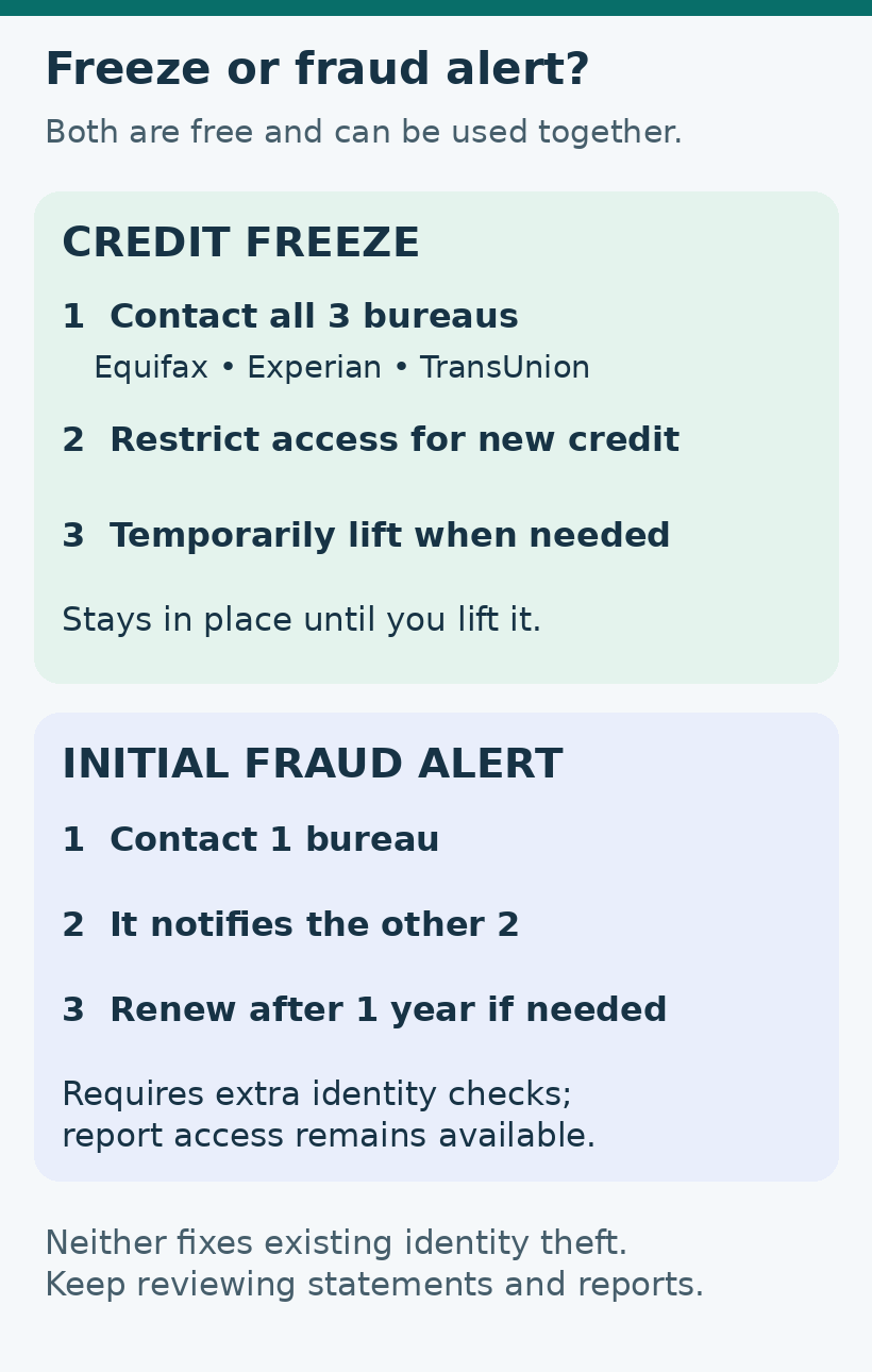 Credit freeze: contact Equifax, Experian and TransUnion separately, restrict access for new credit, and temporarily lift when needed. Initial fraud alert: contact one bureau, which notifies the other two, and renew after one year if needed. Both are free and can be used together.