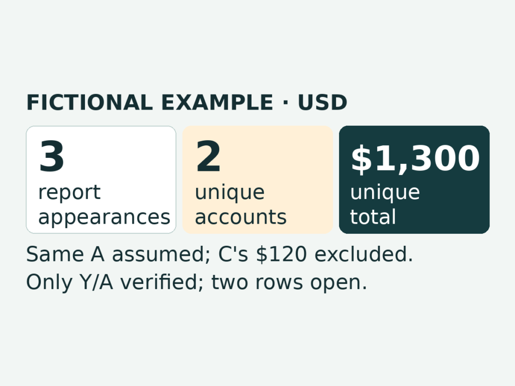 Fictional USD example: three report appearances, two unique accounts and $1,300. Same A assumed; C's $120 excluded. Only Y/A verified; two rows open.