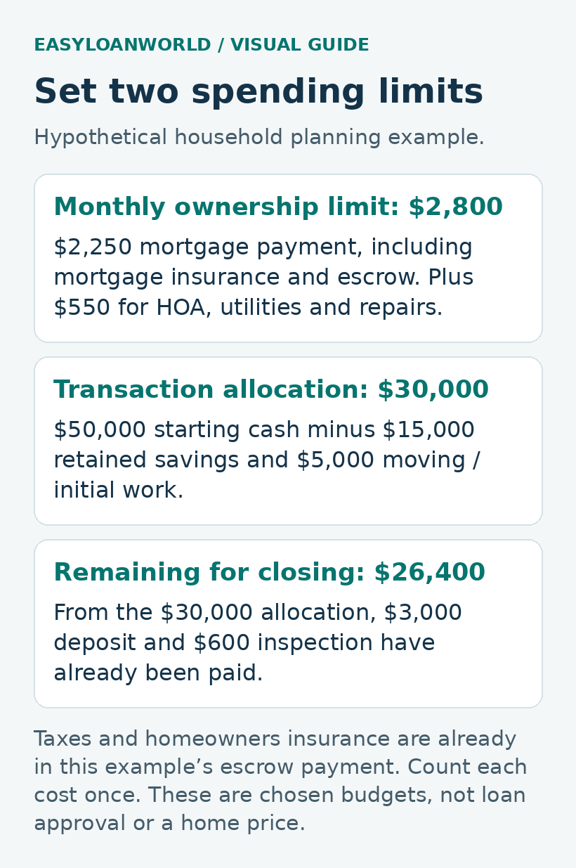 Hypothetical buyer sets a $2,800 monthly ownership limit and a $30,000 transaction allocation. After a $3,000 deposit and $600 inspection, $26,400 of that allocation remains for closing.