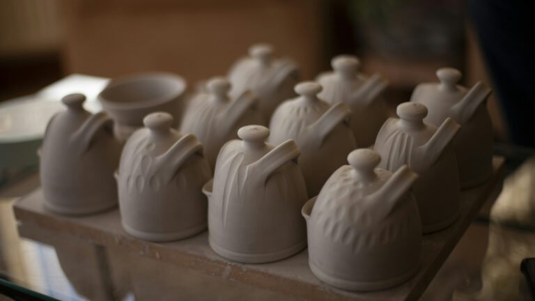 Rows of unglazed ceramic pots arranged together on a pottery studio shelf.
