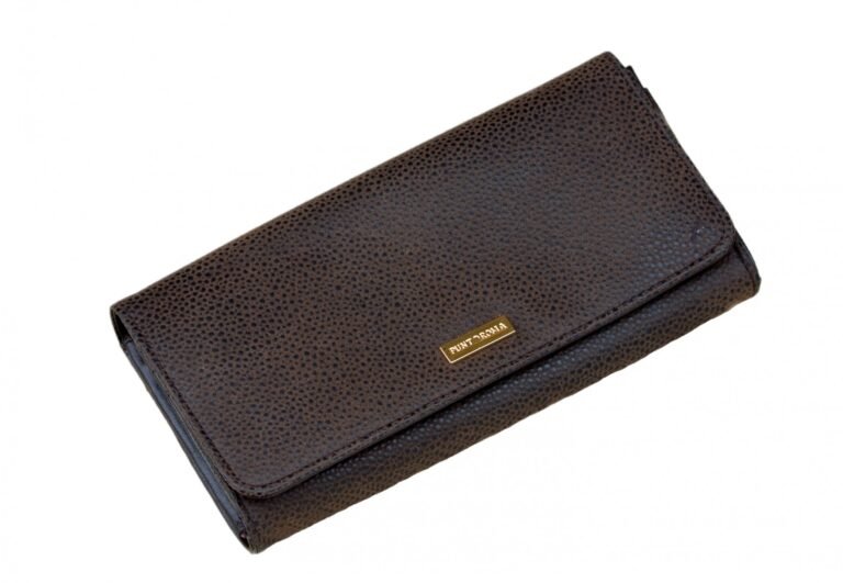 A closed brown leather purse with a textured surface against a white background.