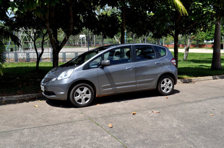 A silver hatchback is parked along a curb beside trees and a fenced sports court.