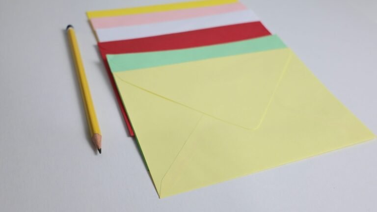 Blank colored envelopes and a yellow pencil on a light surface.