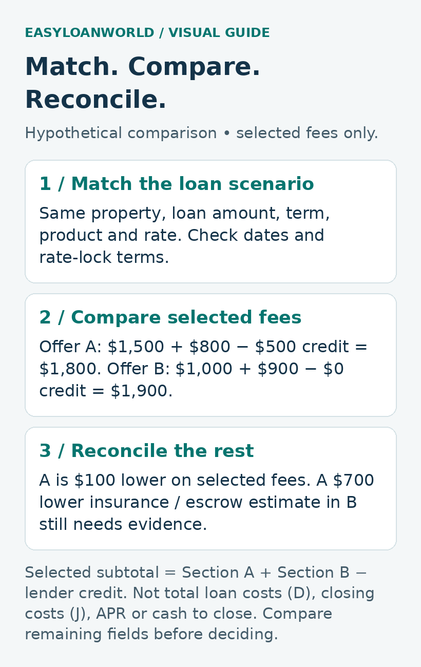 Match loan assumptions, compare selected fees, and reconcile other estimates. Hypothetical selected subtotals are $1,800 for Offer A and $1,900 for Offer B; a $700 insurance and escrow estimate difference still needs evidence.