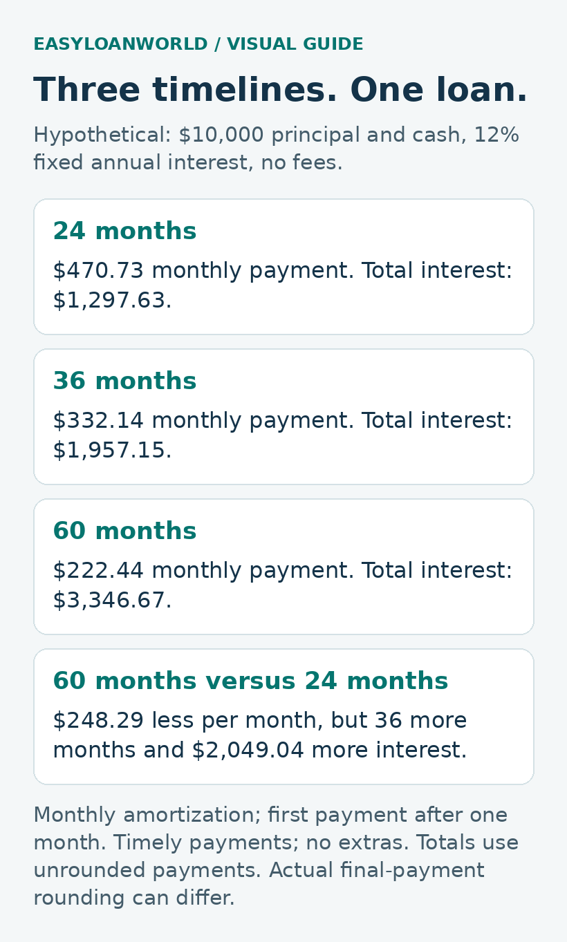 Hypothetical $10,000 loan at 12% fixed interest and no fees: 24 months costs $470.73 monthly and $1,297.63 interest; 36 months $332.14 monthly and $1,957.15 interest; 60 months $222.44 monthly and $3,346.67 interest.