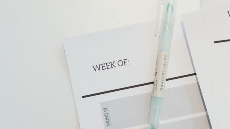 A pale pen rests diagonally on an open weekly planner.