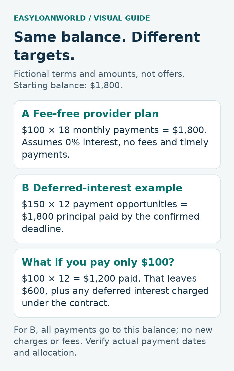 Fictional $1,800 balance: a fee-free 0% provider plan uses 18 monthly payments of $100. A deferred-interest example requires $150 across 12 payment opportunities. Paying $100 each time leaves $600 plus any interest charged under the contract.