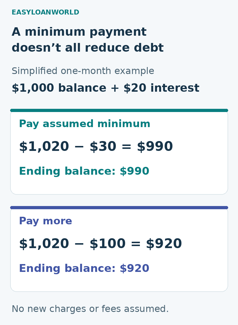 Simplified example: a $1,000 balance plus $20 interest leaves $990 after a $30 payment or $920 after a $100 payment. No new charges or fees are assumed.