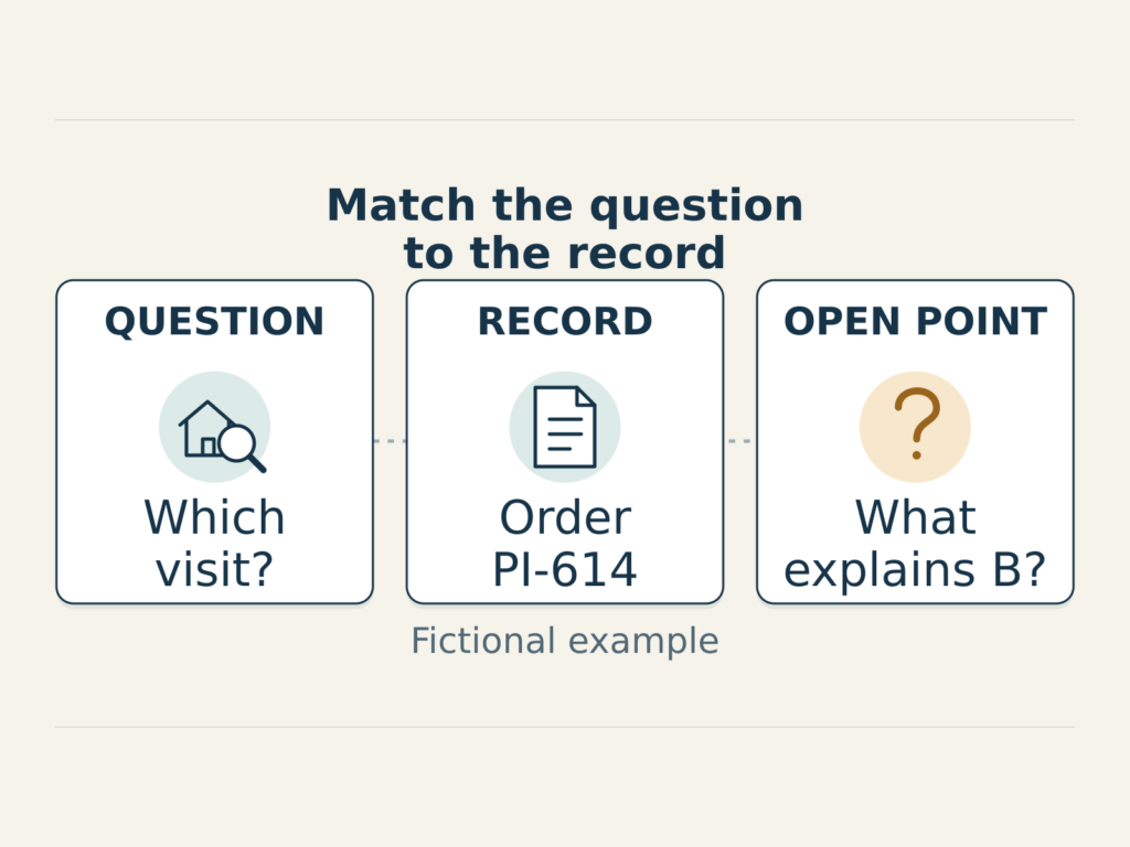 Three cards connect an inspection question to order PI-614 and an open note about entry B.