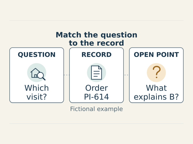 Three cards connect an inspection question to order PI-614 and an open note about entry B.
