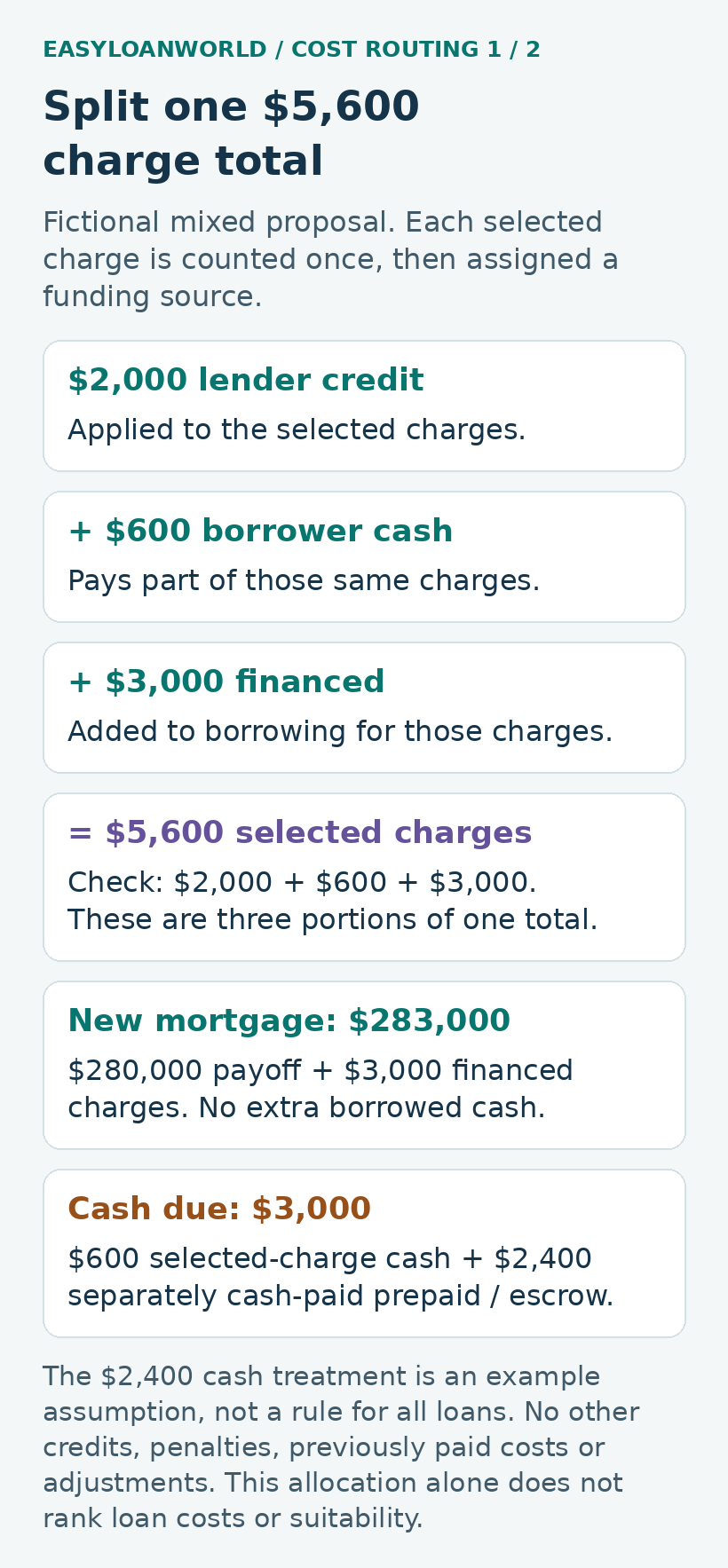 Fictional $5,600 charges are split into $2,000 credit, $600 cash and $3,000 financed.