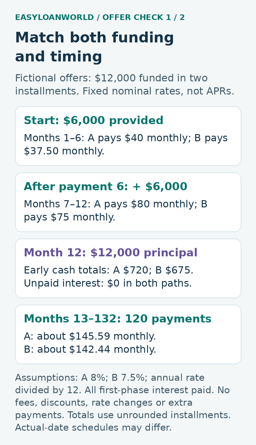 Two fictional $6,000 disbursements precede 120 later payments for each offer.