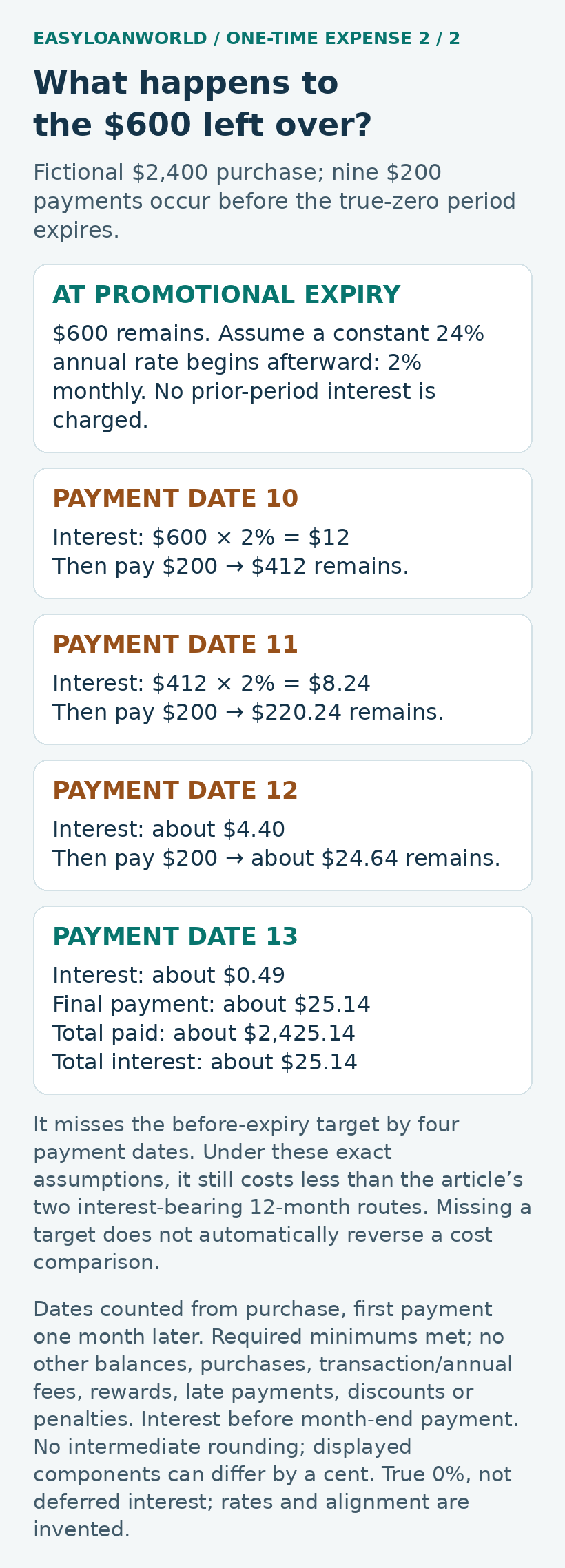 Four modeled payments after promotional expiry clear the $600 remaining purchase balance.