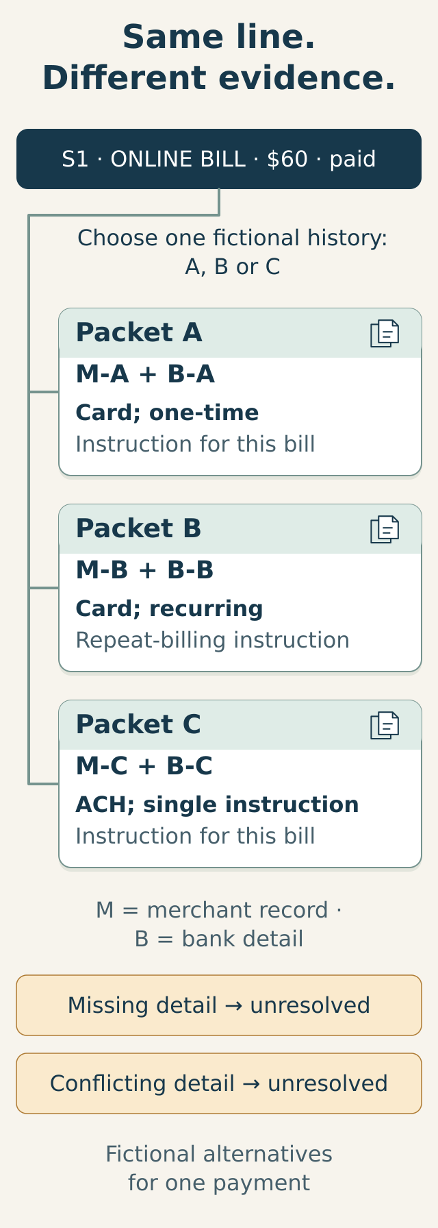 Original diagram comparing the merchant record and bank detail in three fictional packets for one $60 ONLINE BILL entry; missing or conflicting detail remains unresolved.