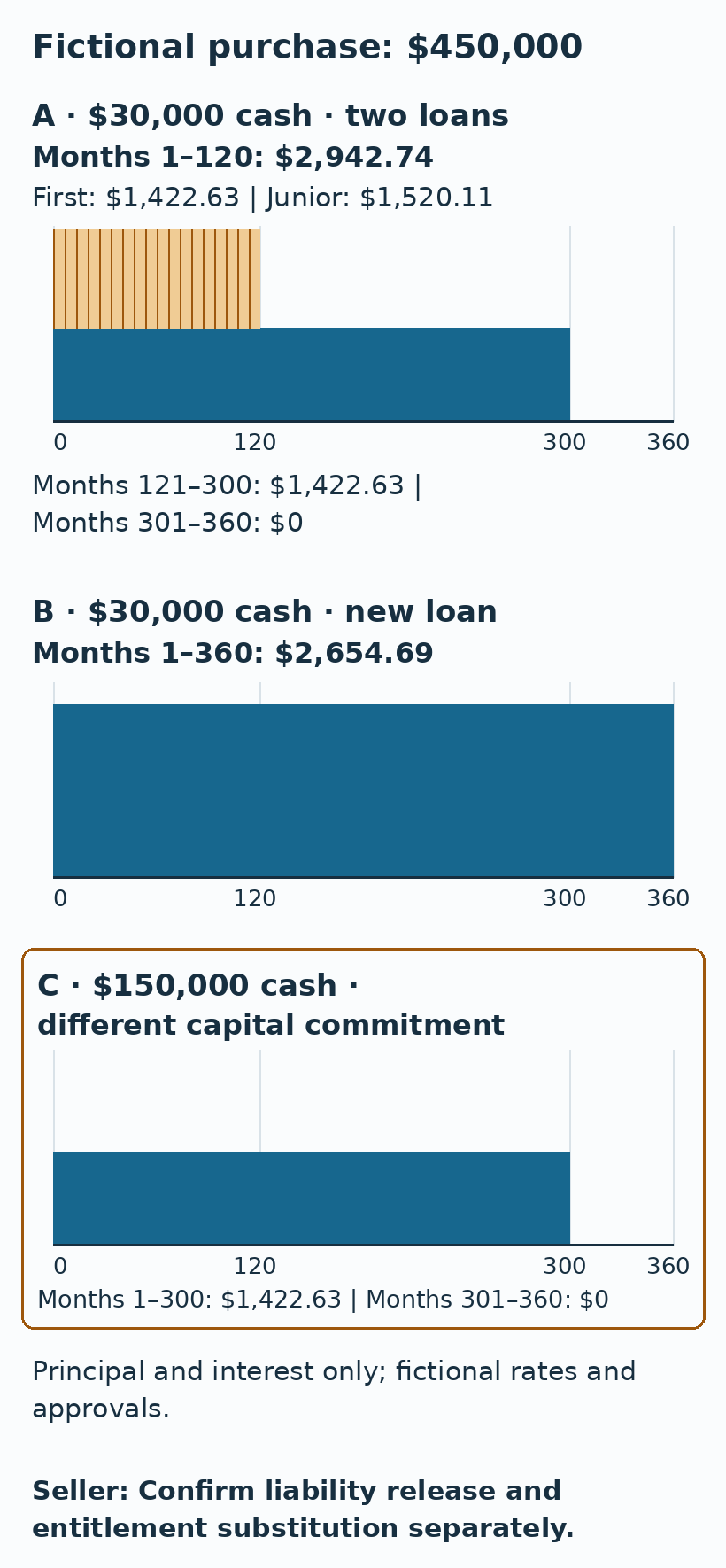 Three fictional payment timelines: two-loan A drops after month 120 and ends at month 300; B ends at month 360; higher-cash C ends at month 300.