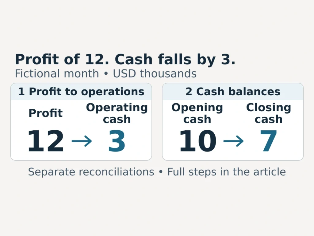 Two separate summaries for a fictional month, in USD thousands. First, net income of 12 reconciles to operating cash of 3. Second, opening cash of 10 reconciles to closing cash of 7, a decline of 3. These are distinct reconciliations; full adjustments are shown in the article.