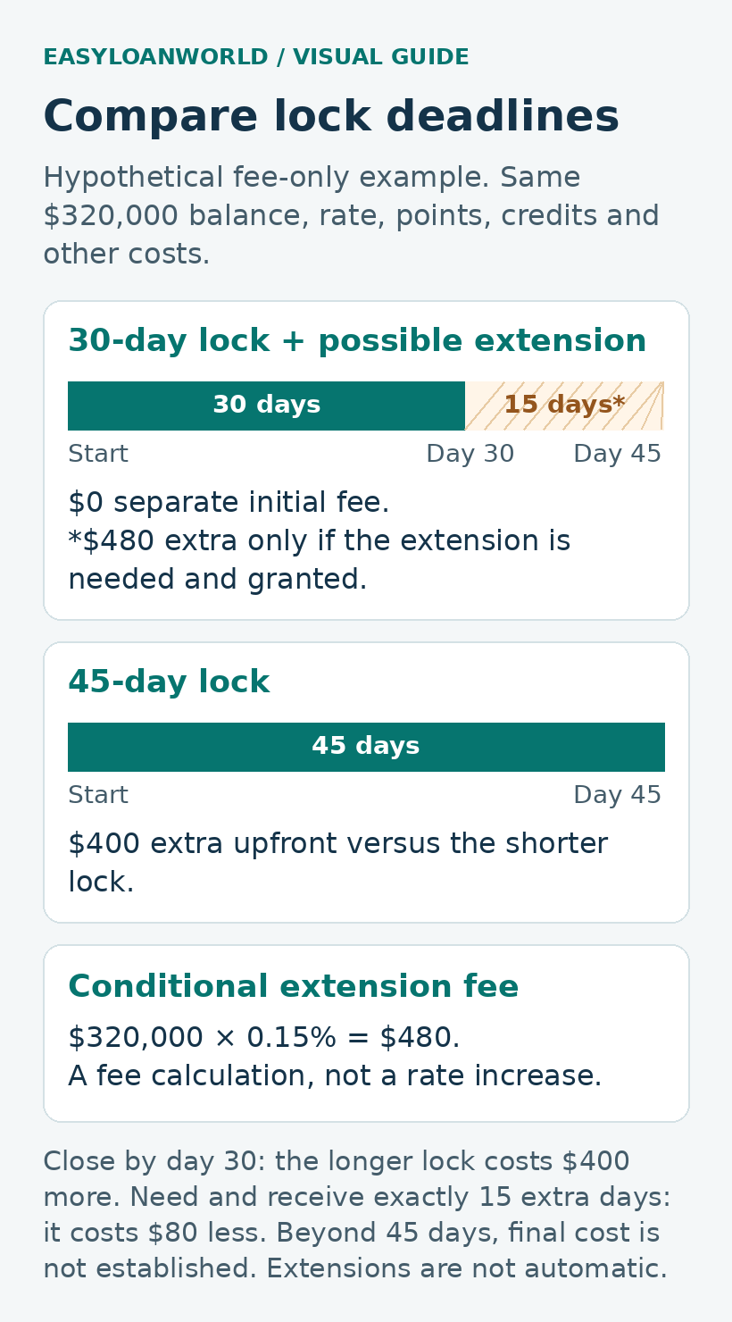 Hypothetical rate-lock comparison for a $320,000 loan: a 30-day lock has no separate initial fee and a conditional 15-day extension costs $480 if needed and granted. A 45-day lock costs $400 more upfront.