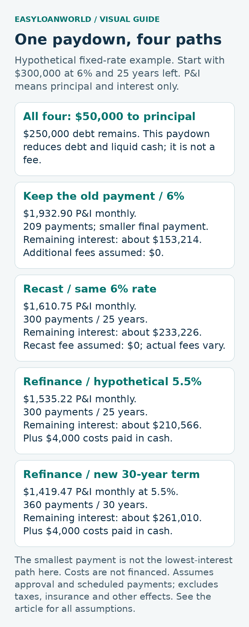 Four hypothetical mortgage paths after the same $50,000 principal paydown: monthly principal and interest of $1,932.90 without recasting, $1,610.75 after recasting, $1,535.22 for a 25-year refinance, or $1,419.47 for a 30-year refinance. Interest and separate refinance costs are shown.
