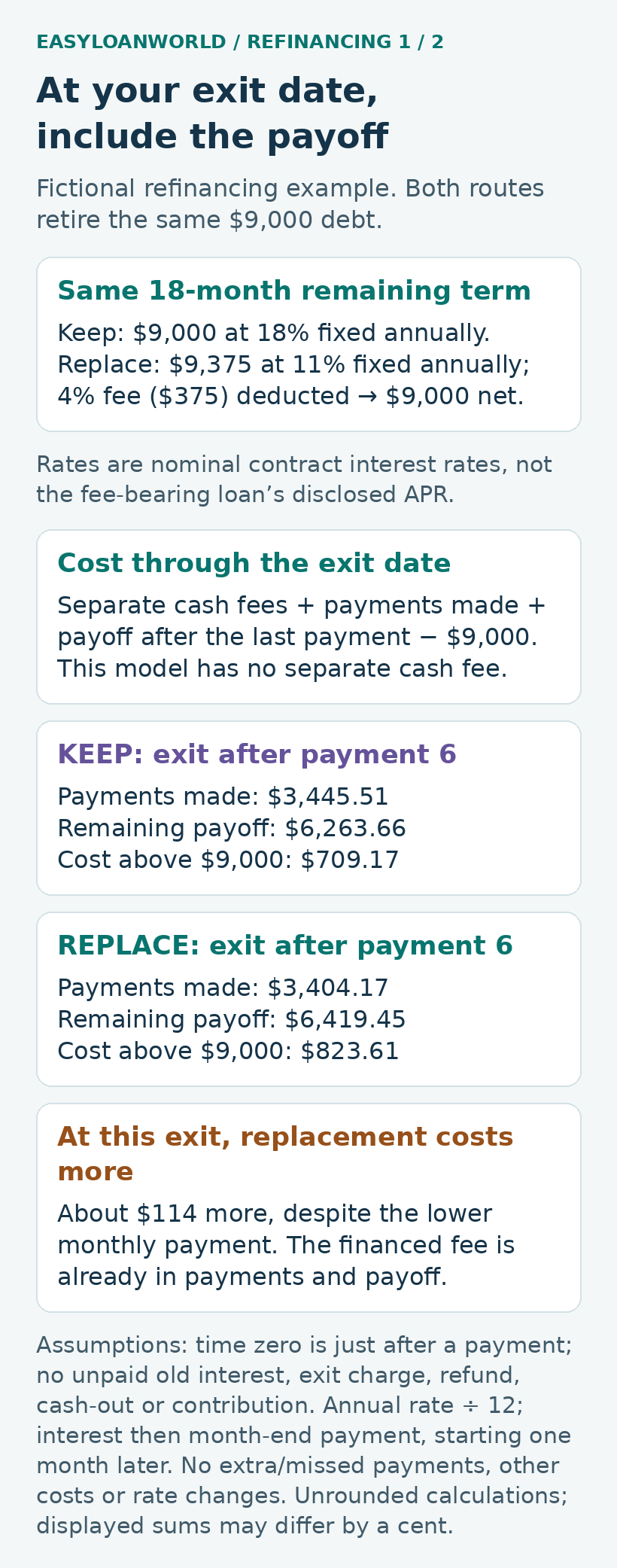 Payments plus the remaining payoff compare the cost of clearing two fictional loans after payment six.