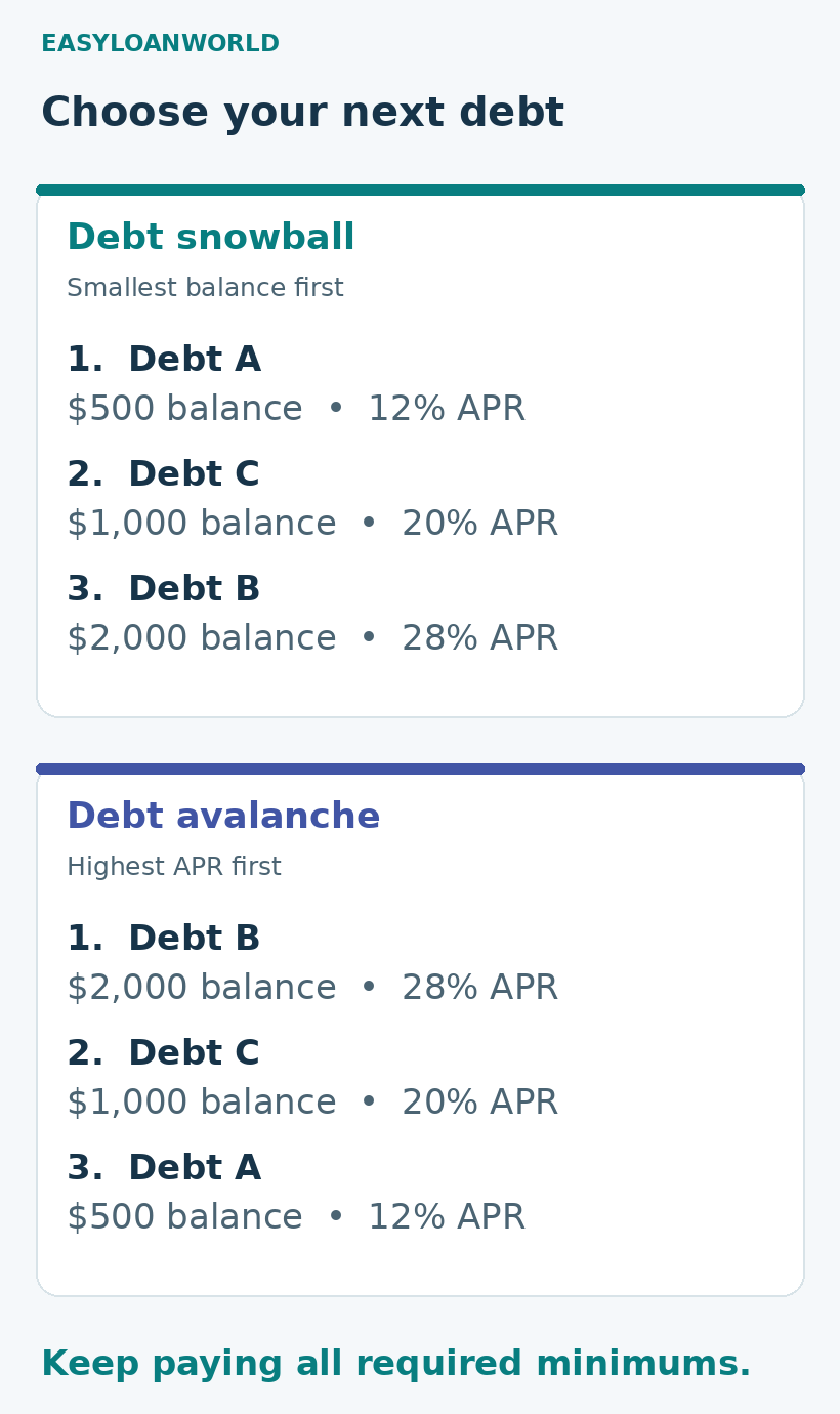 Illustrative payoff priorities: snowball ranks Debt A at $500, then C at $1,000, then B at $2,000; avalanche ranks B at 28% APR, C at 20%, then A at 12%. Pay all required minimums first.