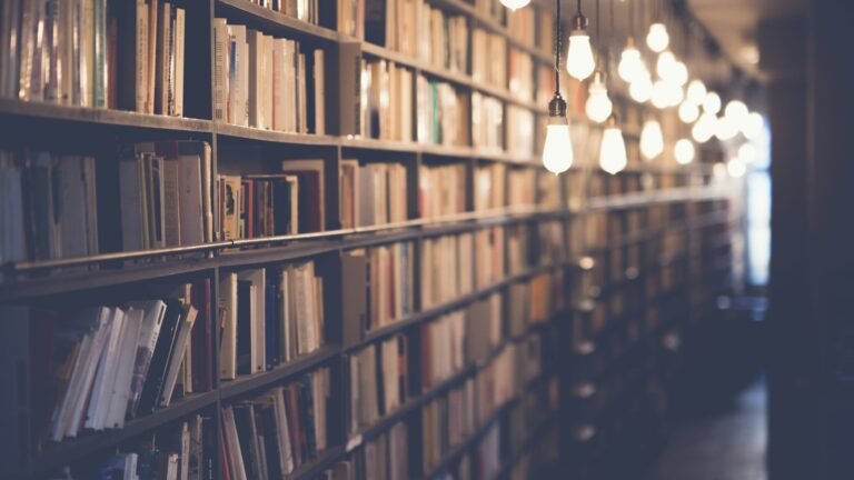 Bookshelves in a library illuminated by hanging lights.