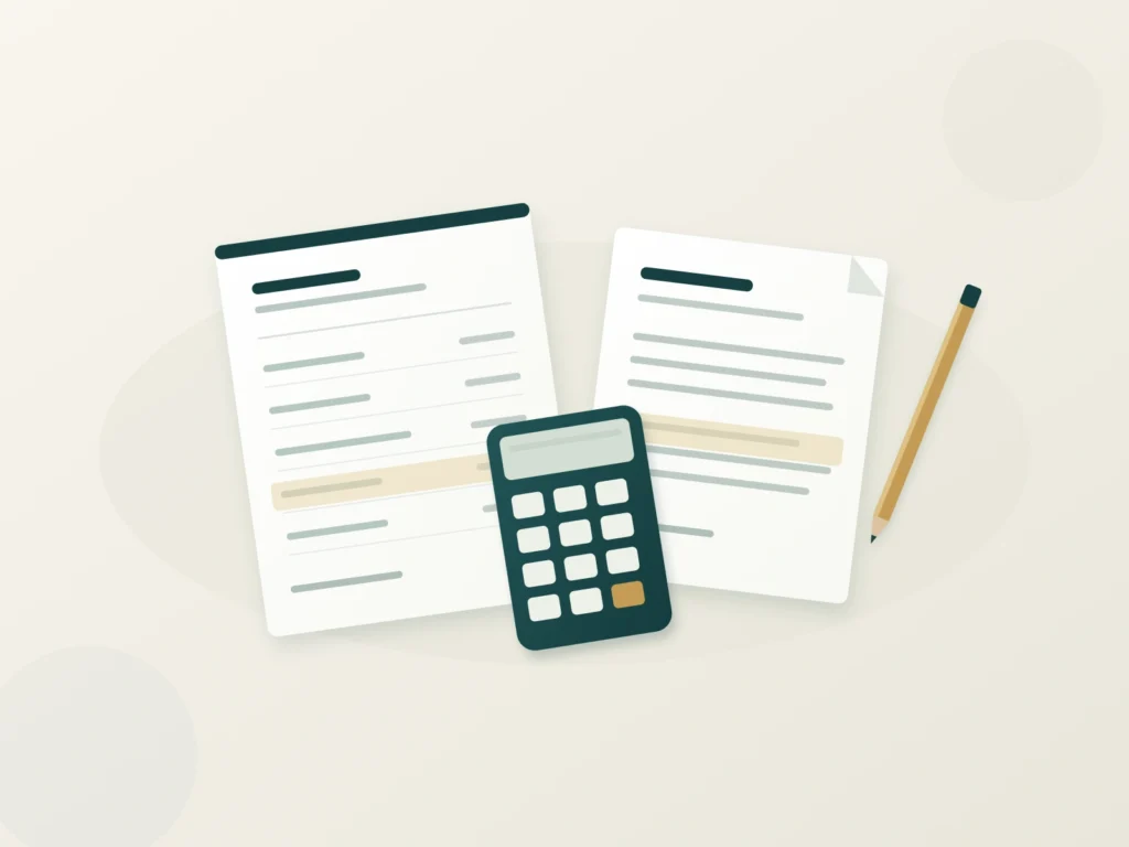 Original illustration of a blank account record and a separate notice beside a calculator.