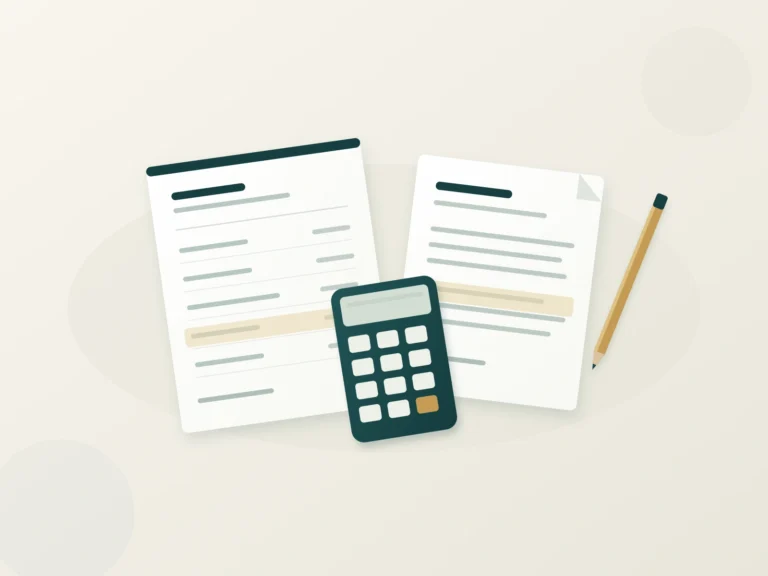 Original illustration of a blank account record and a separate notice beside a calculator.