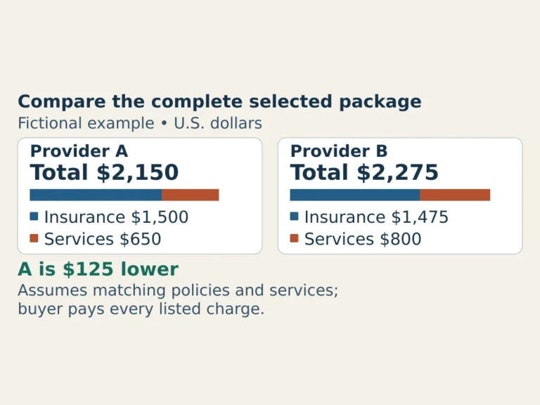 Fictional matched packages: A has $1,500 insurance and $650 services, totaling $2,150. B has $1,475 insurance and $800 services, totaling $2,275.